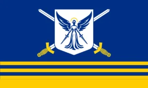 Blue-Yellow Flag w/ Custom Angel in Shield & Crossed Swords
