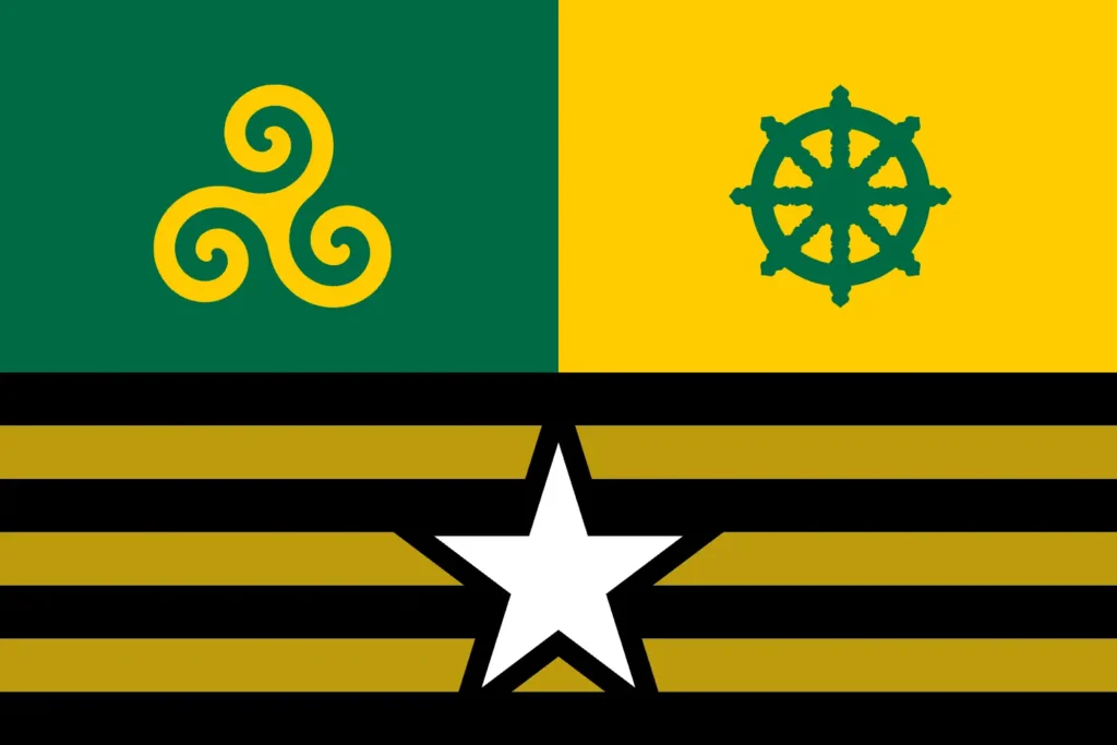 Green, Yellow, Black, and Orange Flag w/ Three Symbols