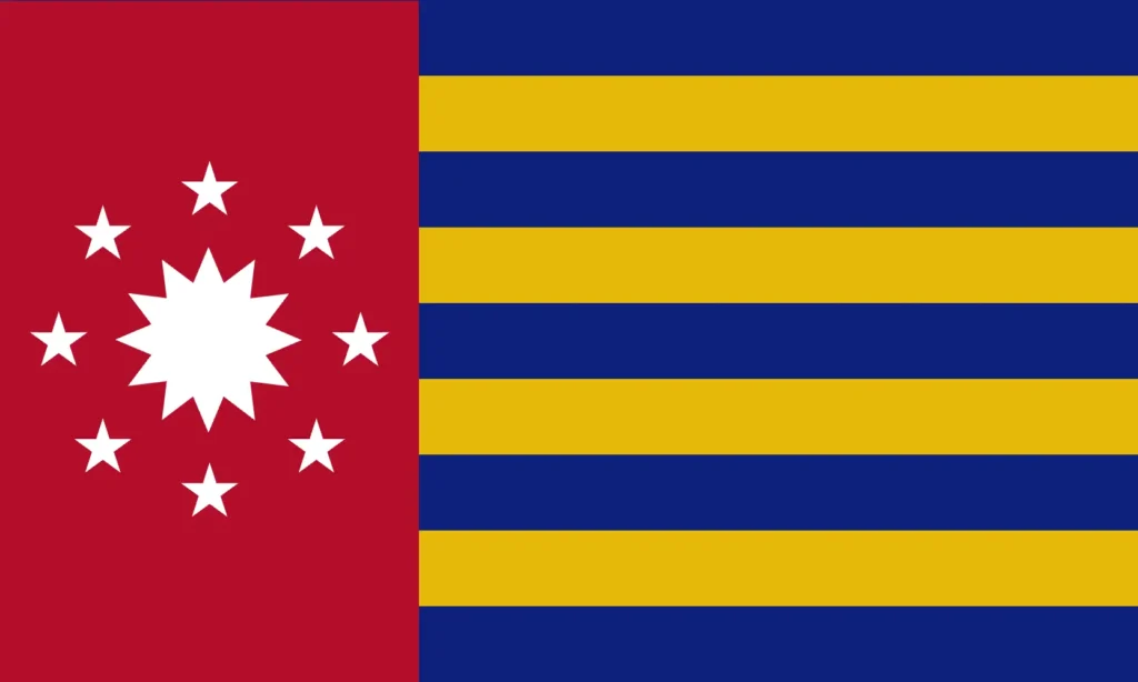 Blue, Gold, Red, and White Flag w/ Sun and 8 Ring Stars