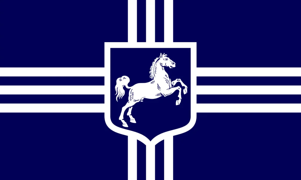 Blue and White 3-Striped Cross Flag w/ Horse inside Shield