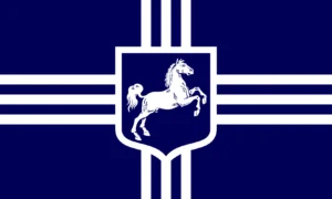 Blue and White 3-Striped Cross Flag w/ Horse inside Shield